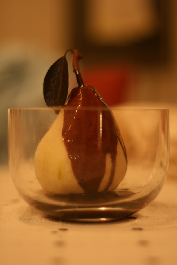 poached pear w/ chocolate sauce