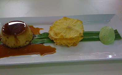 coconut creme caramel with palm sugar syrup, pineapple chips & pandanus foam